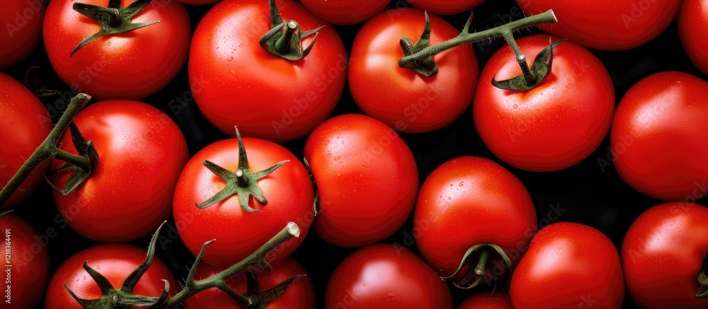 Poster Close up flat lay of vibrant red ripe tomatoes with green stems arranged densely on a dark background creating ample copy space for text.