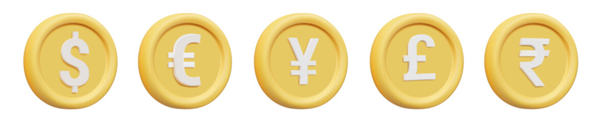 3D vector rendered illustrations of major currency symbol icons dollar, euro, yen, pound and rupee. Currency exchange concept. International finance, business or investment isolated on white backgroun