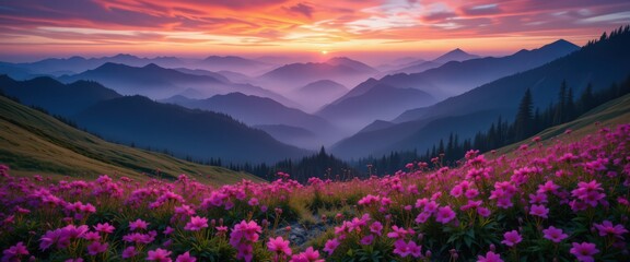 Obraz premium Vibrant Pink Flowers Bloom Against a Majestic Mountain Sunrise