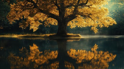 Obraz premium Golden autumn tree reflected in still water. Perfect for fall, nature, serenity themes, evokes peace and tranquility.
