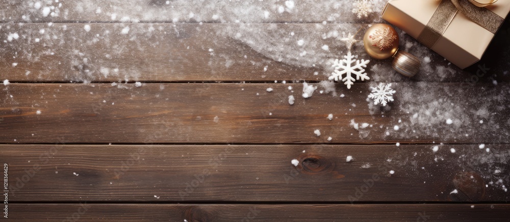 Poster snow-covered wooden table featuring christmas gift boxes and ornaments in gold and white with ample 