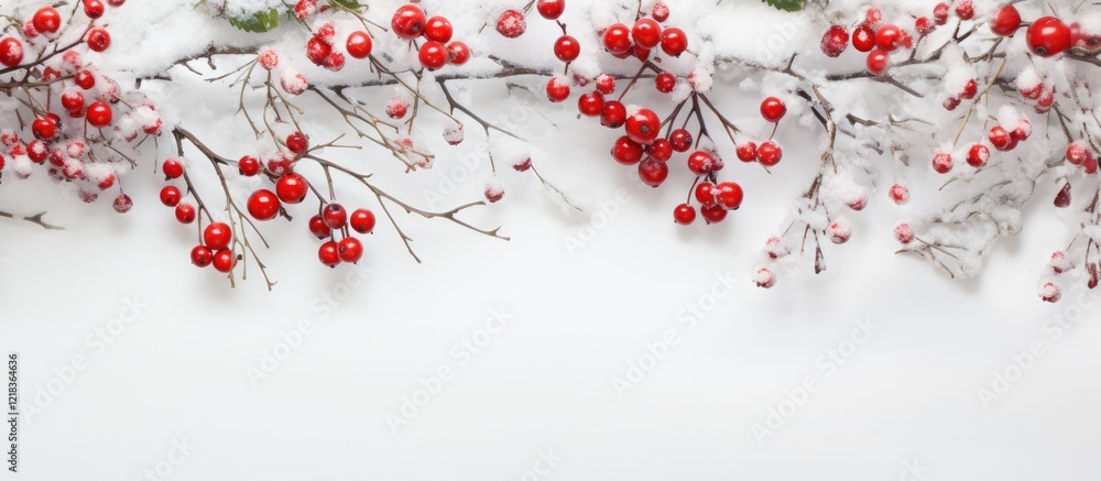 Poster Winter foliage featuring red berries and frosted branches on a soft white background creating a tranquil seasonal ambiance.