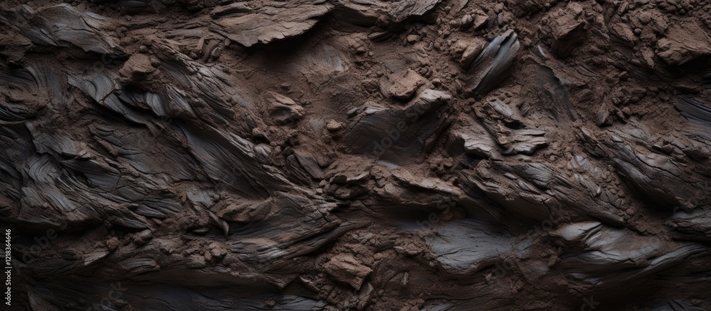 Poster Dark textured clay surface featuring rich browns and blacks with abstract elements creating depth and dimension, ample copy space on the right.