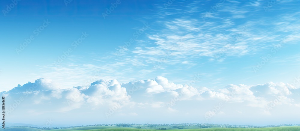 Poster vast clear blue sky contrasted with fluffy white clouds above a green landscape with ample copy spac