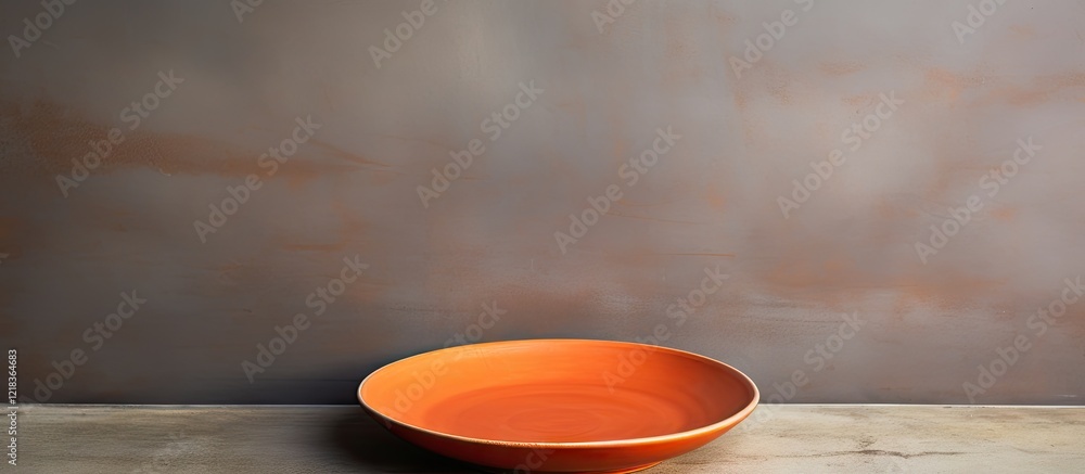 Fototapete empty orange plate on a light cement background with soft textures, centered for creative design use