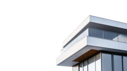 Sleek modern architectural design featuring large windows and a flat roof, isolated on a white background.