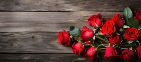 Valentine's Day scene with vibrant red roses elegantly arranged on a rustic dark wooden shiplap board for personalized messages.