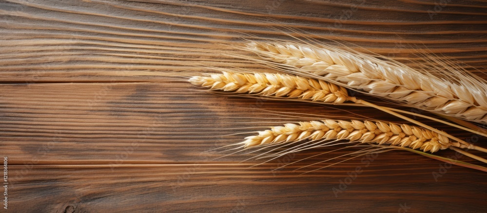 Aufkleber golden wheat ears arranged diagonally on a textured wooden surface, showcasing warm earthy tones and