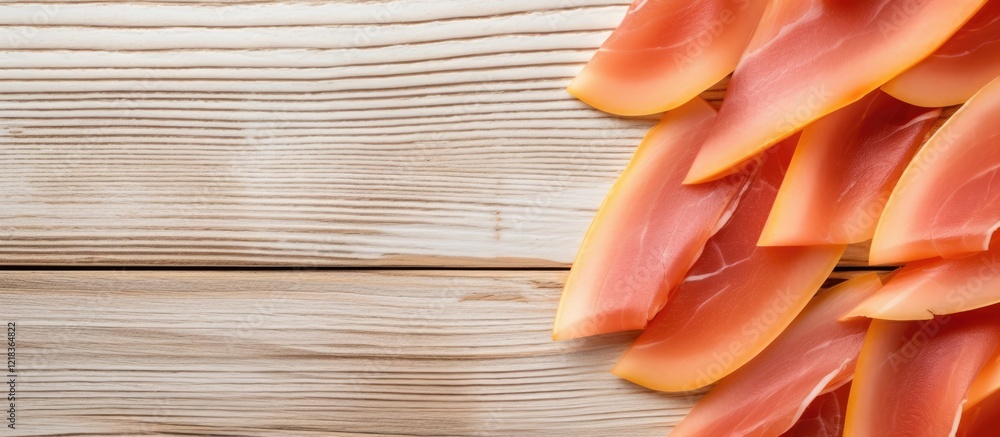 Poster Sliced ripe melon pieces with orange hue arranged on the upper right corner of a textured wooden surface, creating a fresh and inviting layout.