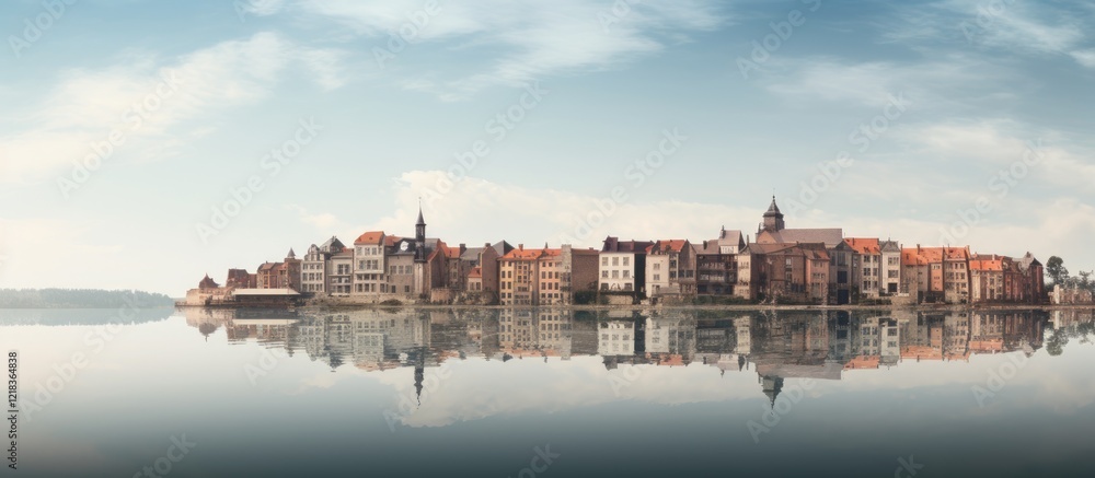 Poster scenic waterfront view of a tranquil city skyline with colorful buildings reflecting on calm water u