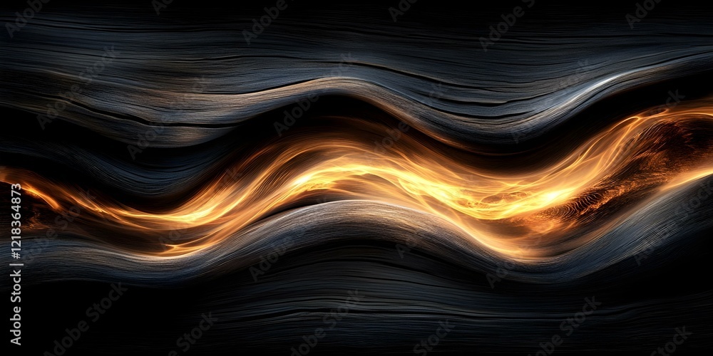 Poster a dynamic, wavy pattern with contrasting dark and vibrant fiery elements, creating a sense of moveme