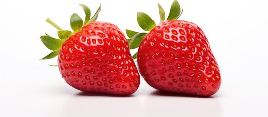 Fresh vibrant red strawberries positioned side by side on a clean smooth white background with ample negative space for text or additional images.