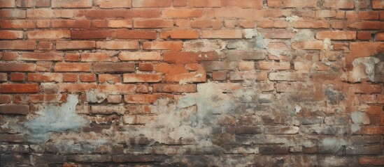 Naklejka premium Rustic aged brick wall with vibrant red and brown tones, featuring textured surface and ample blank space for overlaying designs and text.