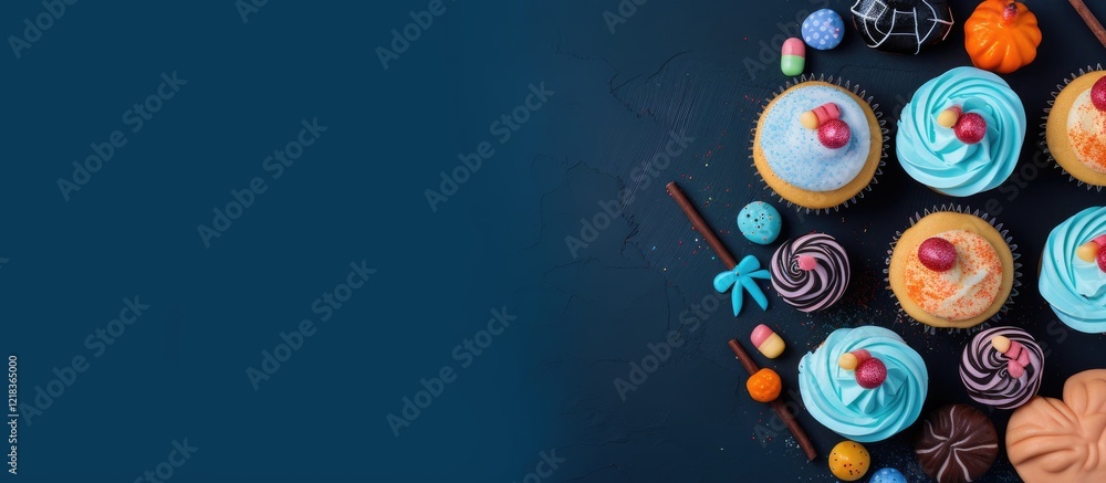 Poster Halloween themed ghost cupcakes in vibrant colors arranged on a blue surface with candies positioned on the left creating an inviting copy space