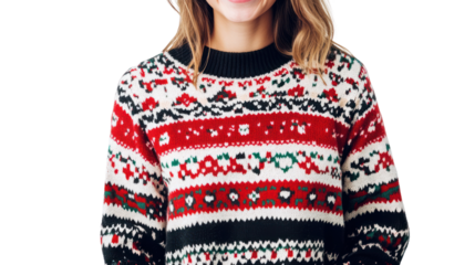 Smiling woman wearing a festive winter sweater with red, green, and white patterns, embodying the holiday spirit and cozy winter vibes.