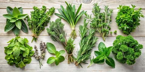 Obraz premium Aromatic Herb Sampler with Fresh Greenery, foliage, plants, foliage, plants, plant arrangement,herbs