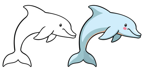 Dolphin in Underwater Line Art Vector Illustration Black and White with Coloring Sample. Bold and Easy Food, Animal and Ocean Coloring Pages for Adults and Kids