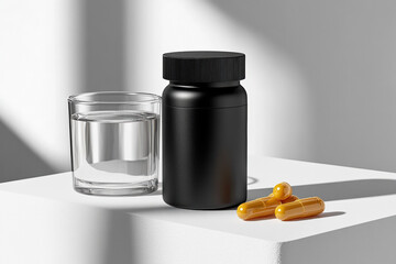 Black supplement bottle mockup on a white background, a glass of water behind and 2 berberine pills