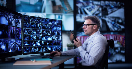 Male Security Guard Talking On Walkie-talkie