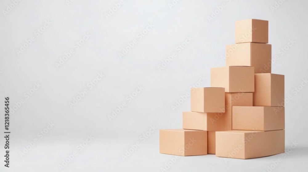 Poster a stack of brown cardboard boxes in various sizes, arranged neatly on a plain white background