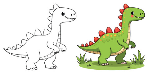 Dinosaur Line Art Vector Illustration Black and White with Coloring Sample. Bold and Easy Food, Wild Animal Coloring Pages for Adults and Kids