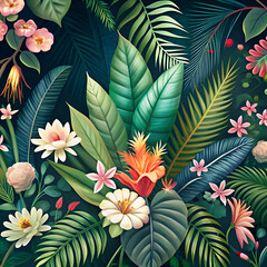 Fototapeta premium A lush tropical jungle scene with vibrant flowers and lush foliage.