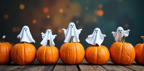 Row of orange pumpkins with white ghostly figures atop, festive, Halloween