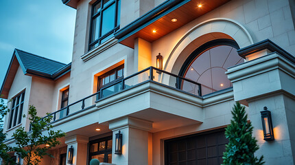 Obraz premium Luxury Home Exterior: Modern Architectural Design at Dusk. Captivating contemporary facade, elegant stonework, and stylish balcony. A dream house in the evening light.