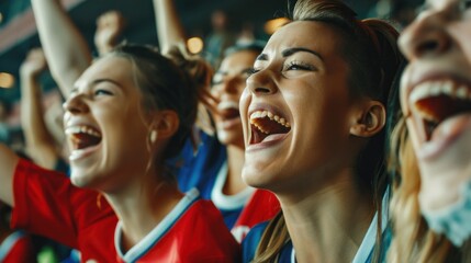 Portrait of female soccer fans cheering on their favorite team in the stadium, AI generated image