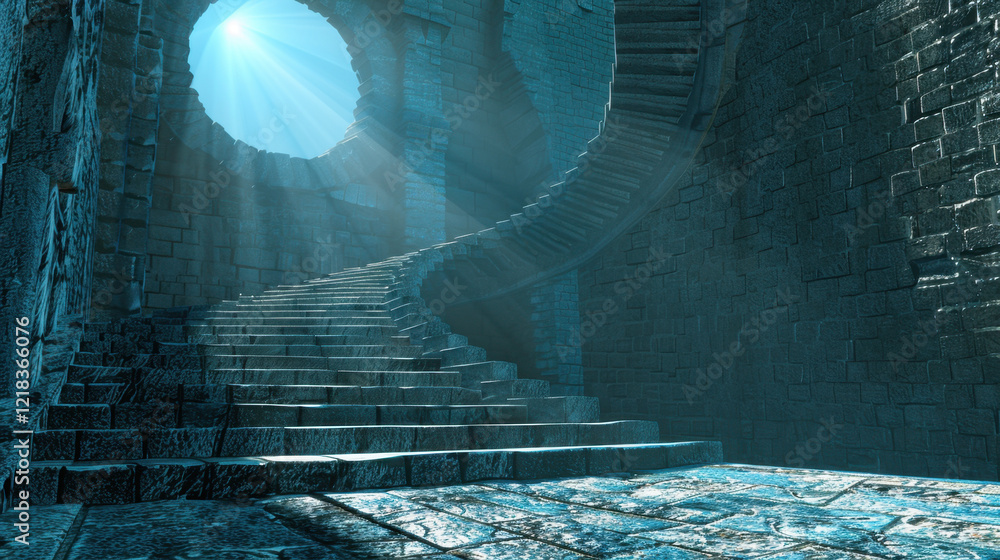 Poster mystical spiral staircase illuminated by soft light, surrounded by ancient stone walls, creates ench