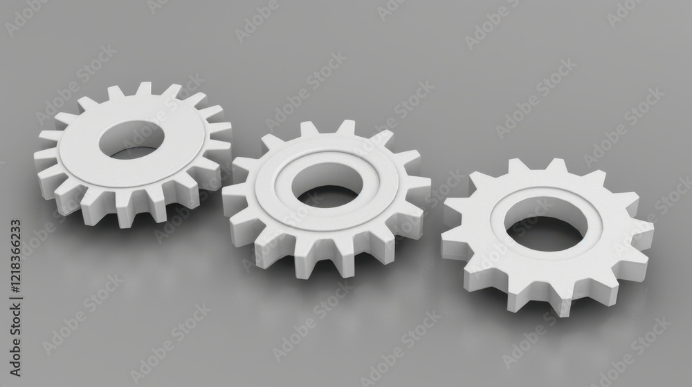 Aufkleber white gears in various sizes arranged on gray background, showcasing mechanical design and engineeri