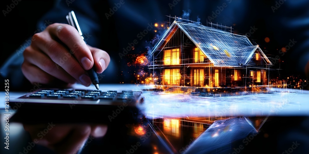 Aufkleber a person using a calculator while designing a glowing, futuristic house model on paper, blending tec