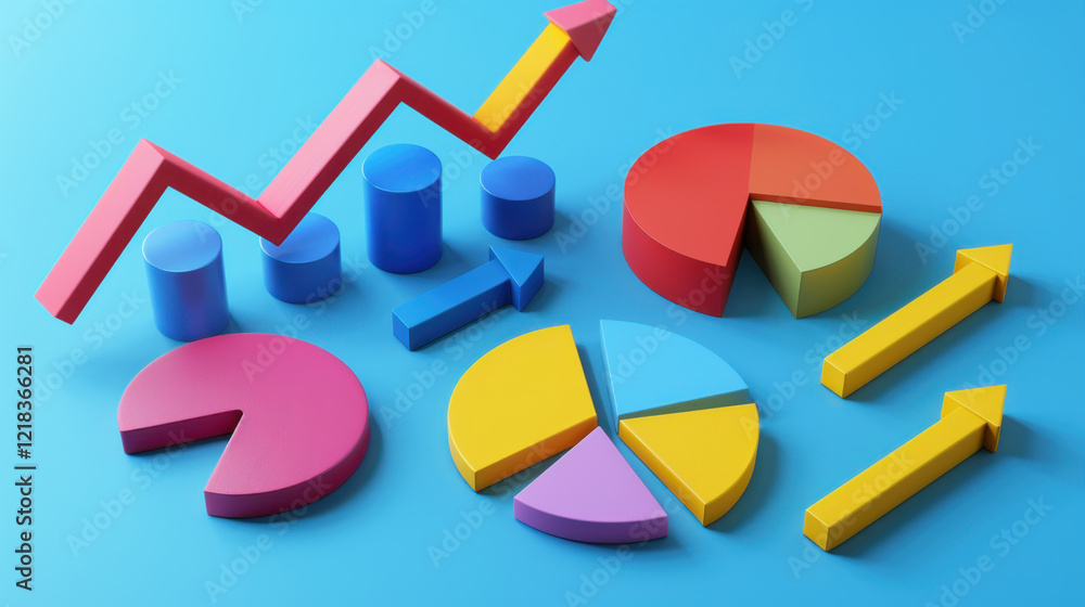 Poster colorful 3d graphs and charts on blue background, representing data analysis and growth. vibrant col