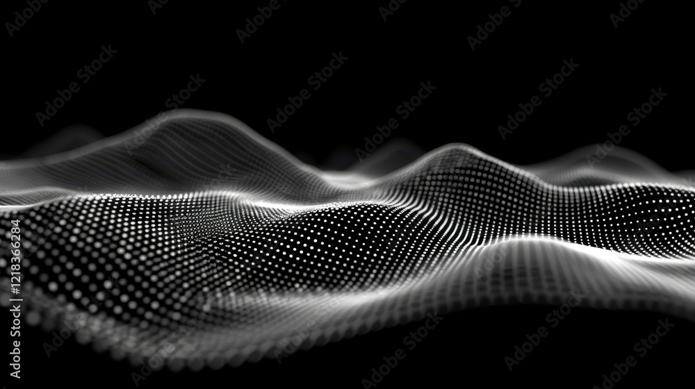 Poster digital wave patterns create mesmerizing visual effect, showcasing flowing lines and dots against da