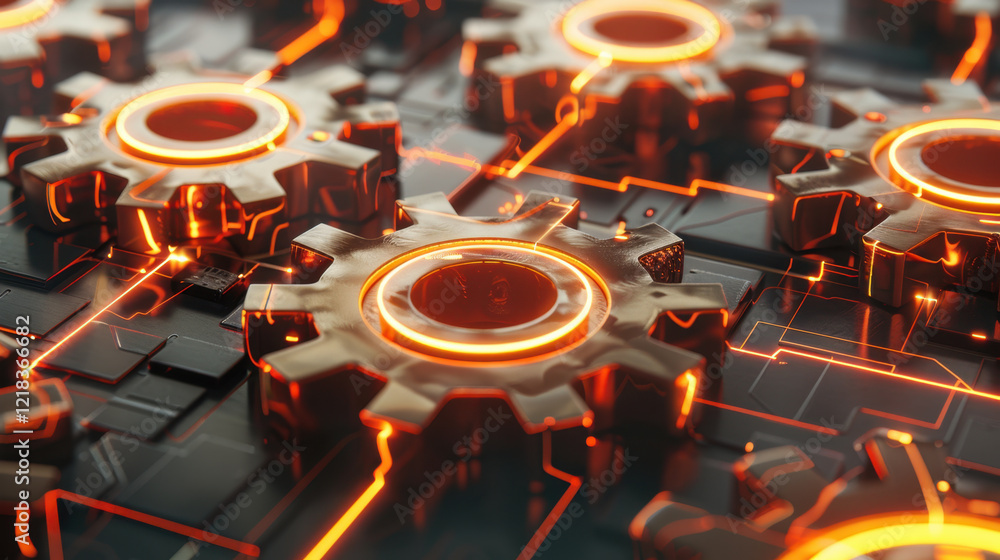 Aufkleber futuristic gears with glowing edges on circuit board background, symbolizing technology and innovati