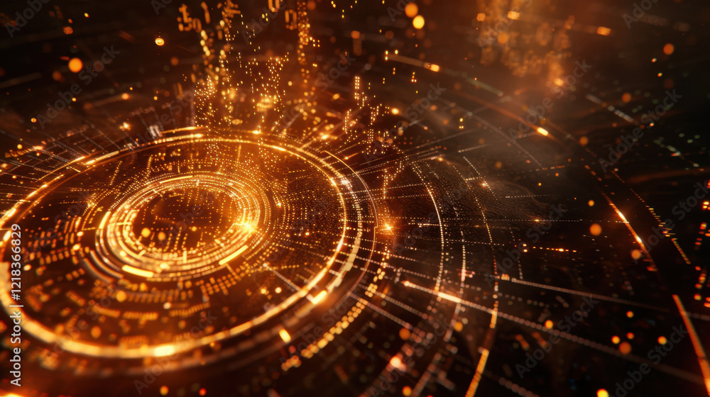 Poster mesmerizing abstract background featuring glowing orange particles and circular patterns, creating s