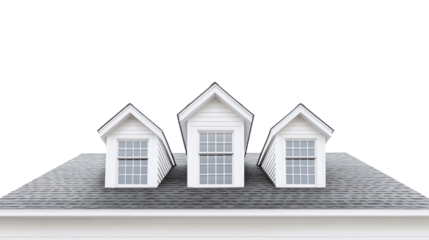 Three charming gables atop a house with elegant windows, showcasing a classic architectural style, isolated against a white background.