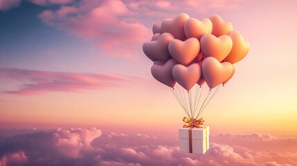Fototapeta premium A golden air balloon made of heart-shaped balloons floats in the sky