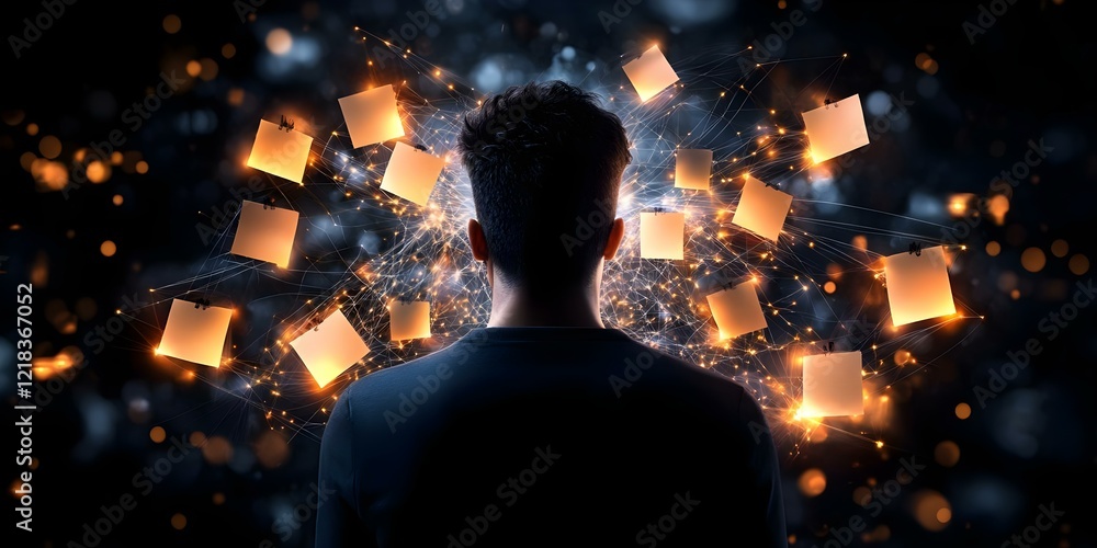 Poster a silhouette of a person faces a dynamic display of glowing squares and abstract connections, sugges