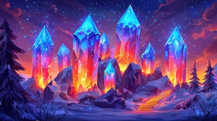 Fototapeta premium A celestial mountain range glowing with radiant streams of molten crystal. Bioluminescent moss grows along the cliffs, and golden stairways spiral upward toward floating temples illuminated 