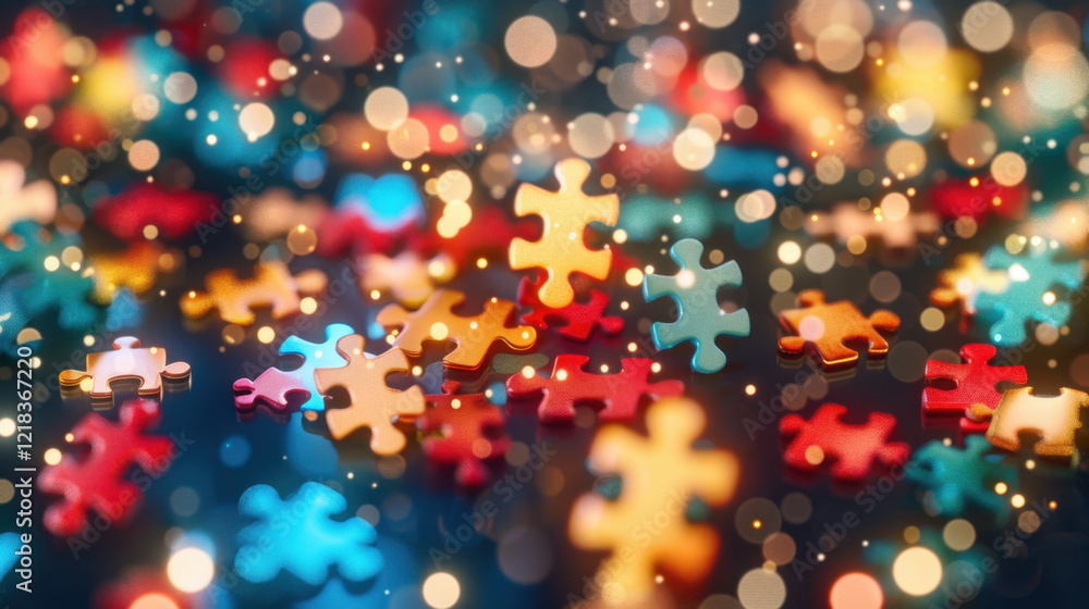 Poster colorful puzzle pieces scattered on surface, creating vibrant and playful atmosphere with bokeh back