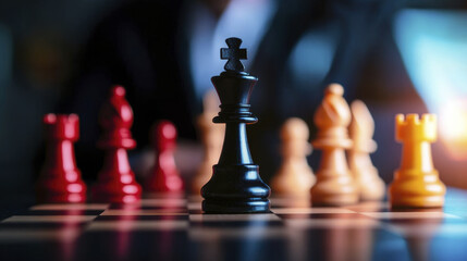 close up of chessboard featuring black king and colorful pieces, symbolizing strategy and competition