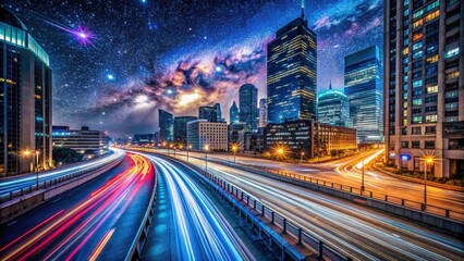 Obraz premium DSLR night photography: long exposures transform dark cityscapes into breathtaking starry night scenes.