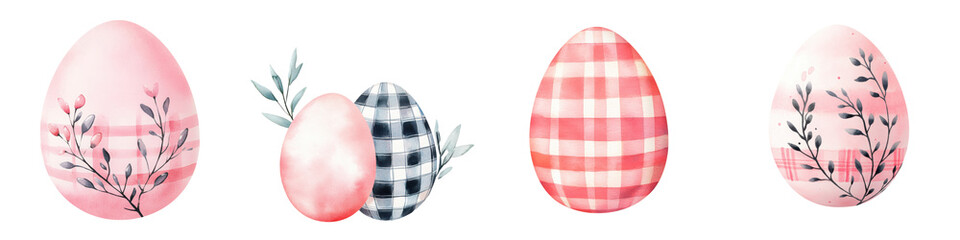 Four decorative Easter eggs featuring floral patterns and checkered designs in shades of pink and blue.