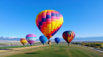 Obraz premium a vibrant hot air balloon festival, with dozens of brightly colored balloons floating against a clear blue sky