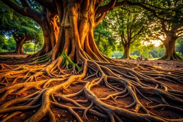 Naklejka premium Earth's embrace: underground tree roots, a complex root system revealed through architectural photography, textured soil.