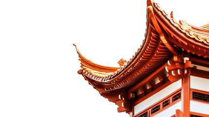 Fototapeta premium Traditional Asian architectural detail featuring ornate eaves with vibrant red and gold accents against a white isolated background.