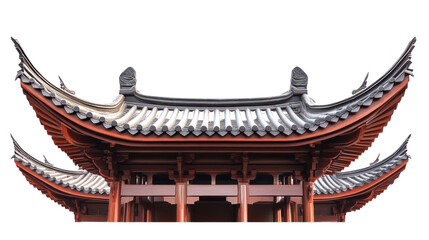 Naklejka premium Traditional Asian architecture featuring intricate roof details and elegant design elements against a clean white background.