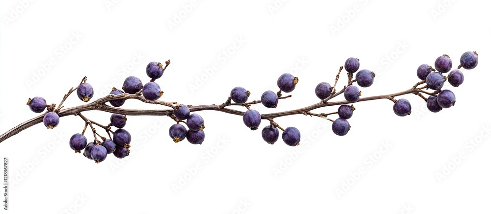 Poster closeup of a dry branch horizontally positioned with vibrant purple berries on a white background ca