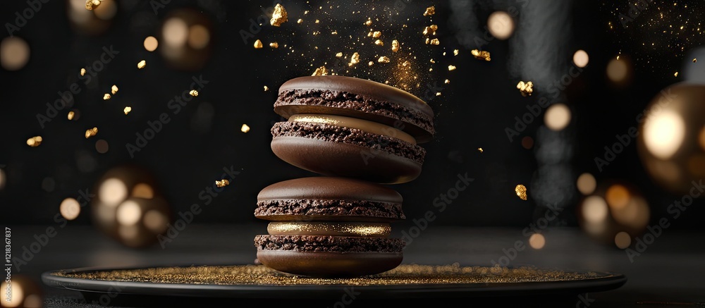 Poster elegant chocolate macarons stacked on a dark plate with shimmering gold powder and festive bokeh lig